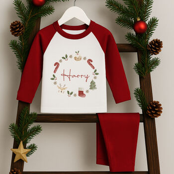 Personalised Child's Christmas Pyjamas / Pjs Red Wreath, 2 of 4