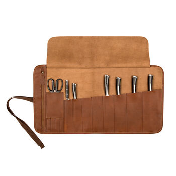 Personalised Brown Leather Knife Roll With Zip Pocket, 7 of 10