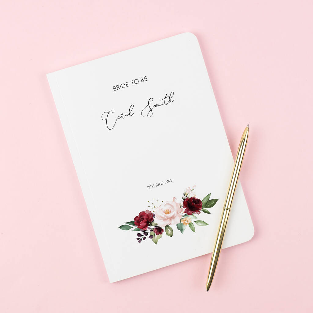 Bride To Be Personalised Burgundy Flowers Notebook, 1 of 2