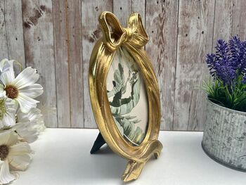 Gold Bow Oval Photo Frame 6x4' 10x15cm Portrait Design Freestanding, 5 of 5