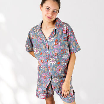 Floral 100% Cotton Ladies Pyjama Short Set In Grey And Pink, 5 of 9