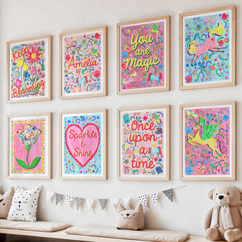 Unicorn And Floral Nursery Print Set – Set Of Nine Whimsical Wall Art Prints, 2 of 12