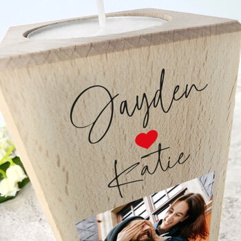 Personalised Couples Names Heart Wooden Tea Light Holder 13cm, 3 of 5