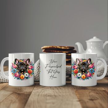 Personalised Brindle French Bulldog Summer Floral Dog Wreath Cushion And Mug Gift Bundle, 3 of 4