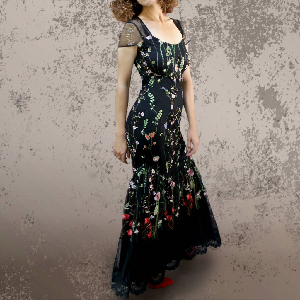Maxi Dress In Black Meadow Flower Embroidered Lace, 1 of 3