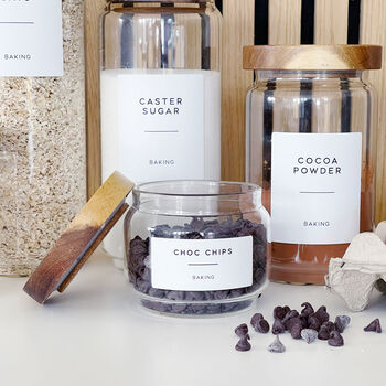 Slim Storage Jar With Acacia Wood Lid And Personalised Label, 4 of 9