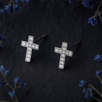 Sterling Silver Cubic Zirconia Cross Stud Earrings, 2 of 5