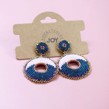 Pink And Navy Round Beaded Statement Earrings, 4 of 4