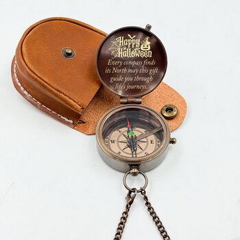 Personalised Halloween Compass With Leather Case Or Wooden Box, 7 of 9