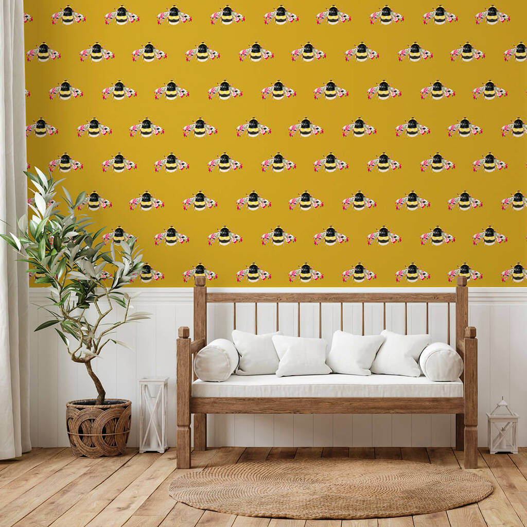 Single Bee Mustard Wallpaper By Lola Design Ltd 