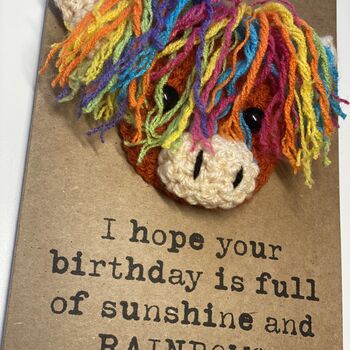 Rainbow Highland Cow Crochet Birthday Card Handmade Sunshine, 5 of 6