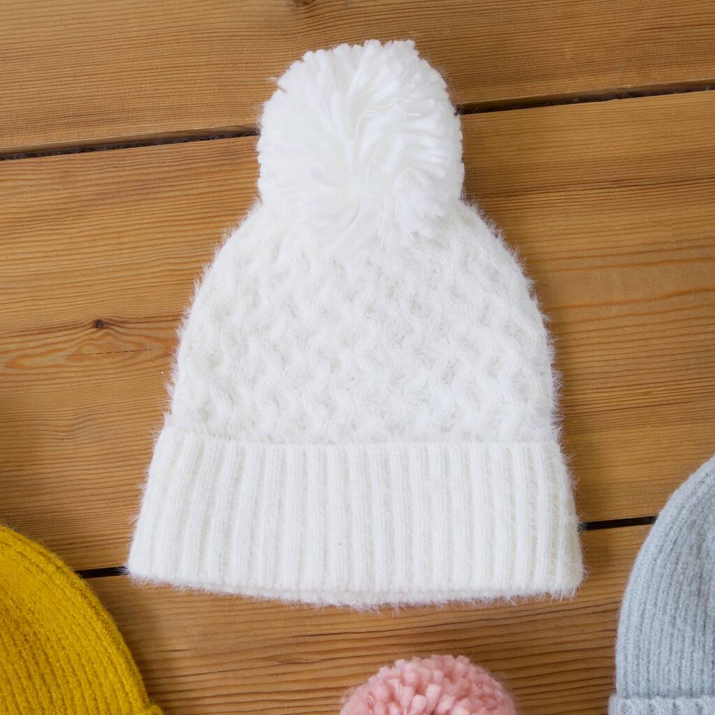 Soft Knit Bobble Hat In White By Lisa Angel