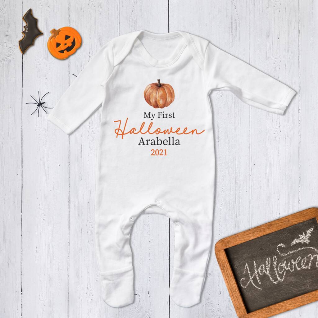Personalised First Halloweeen Pumpkin Babygrow, 1 of 5