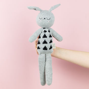 Agnes The Grey And Black Print Hand Knitted Bunny, 2 of 9