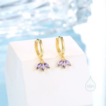 Sterling Silver Amethyst Purple Crown Cz Huggie Hoop Earrings, 4 of 12
