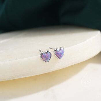 Sterling Silver Purple Opal Heart Stud Earrings, 2 of 10