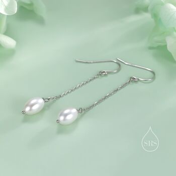 Sterling Silver Genuine Oval Freshwater Pearl Drop Hook Earrings, 4 of 11