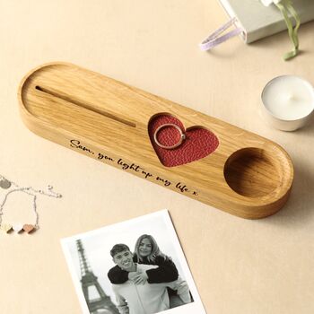 Personalised Candle And Photo Stand, With Red Leather Heart Jewellery Tray – Romantic Valentine’s Gift, 4 of 7