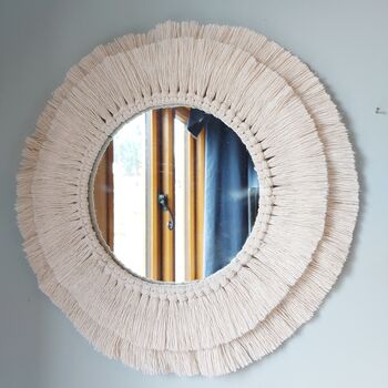 Handmade Medium Fringed Macrame Mirror, Macrame Bedroom Wall Mirror, 5 of 10