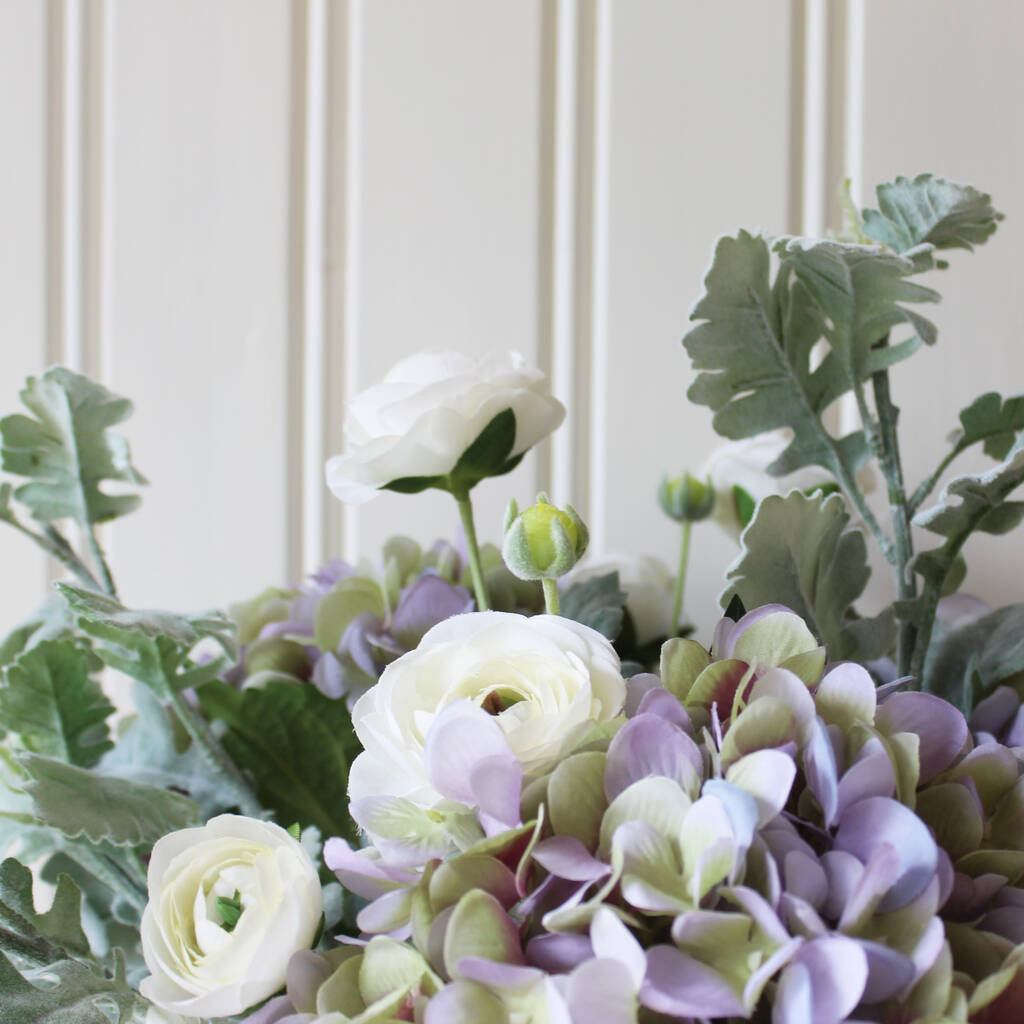 luxury artificial hydrangea arrangement and glass vase by