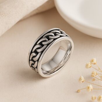Men’s Personalised Oxidised Sterling Silver Chain Spinner Ring – 8mm, 2 of 10