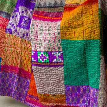 Silk Patchwork Multicoloured Hand Stiched Kantha Quilt, 7 of 9