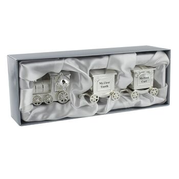 Silverplated First Tooth And Curl Set Train With Two Carriages Baby Gift, 3 of 10