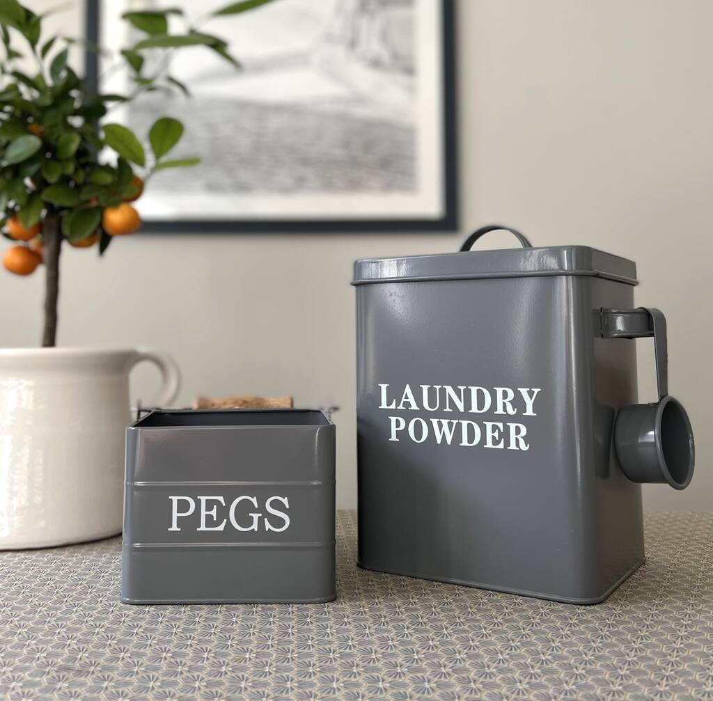 Laundry Powder And Peg Storage Tin Set In French Grey, 1 of 12
