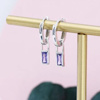 Alexandrite Purple Baguette Cz Huggie Hoop Earrings, 2 of 11