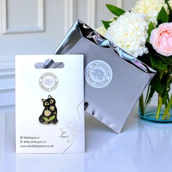 Black Cat Enamel Pin Brooch With Flower Design, 2 of 8