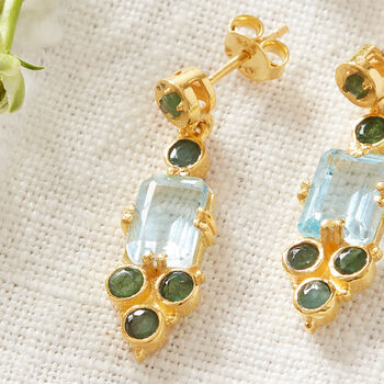 Amethyst Emerald Gold Plated Silver Drop Stud Earrings, 7 of 9
