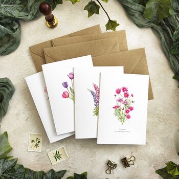 Set Of 10 Different Pink And Blue Wildflower Notecards By Paper Willow