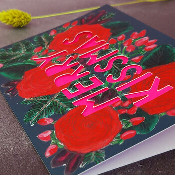 Merry Kissmas Neon Floral Papercut Christmas Card, 6 of 11