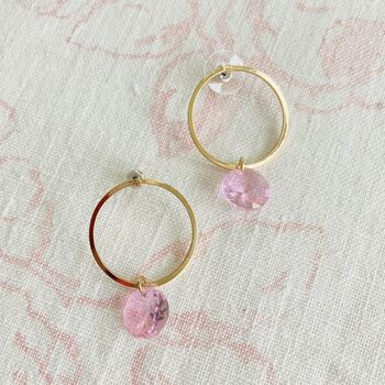 Gold Plated Hoop Earrings With Pink Faceted Polished Glass Stone, 5 of 5