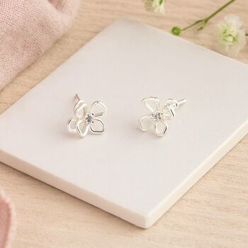 Sterling Silver Flower Petal Crystal Stud Earrings, 2 of 9