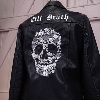 Till Death Floral Skull Biker Jacket, 3 of 10