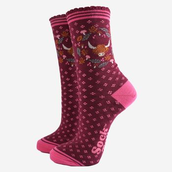 Women's Bamboo Socks Burgundy Highland Cow Wreath, 2 of 5