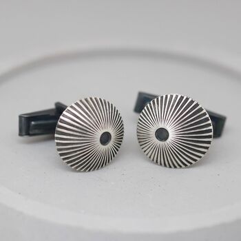 Sterling Silver And Black Cufflinks With Sunburst Motif, 5 of 12
