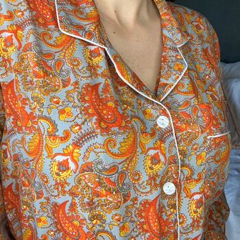 Handmade Silk Pyjamas Long Sleeve Orange Paisley, 7 of 12