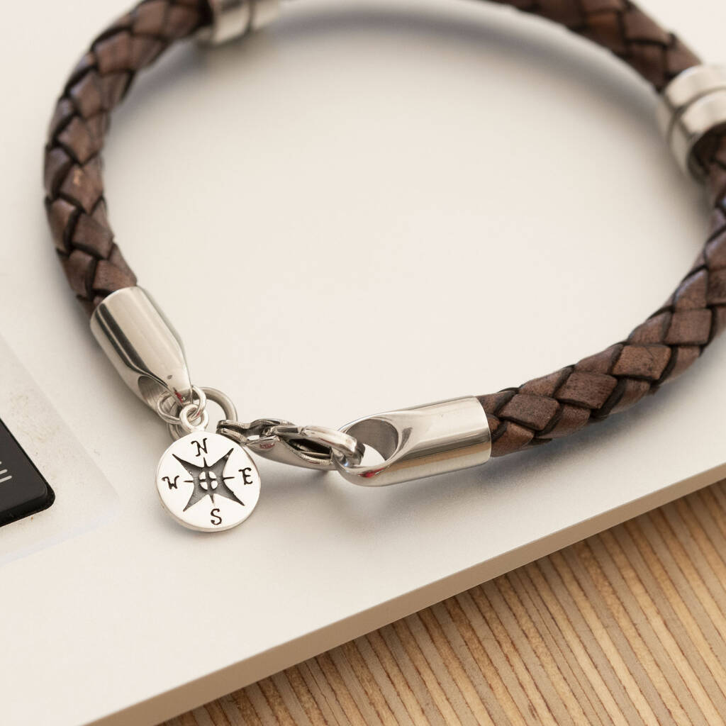 Leather Wristband With Sterling Compass Pendant, 1 of 5
