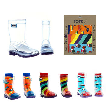 Squelch Transparent Wellies And Three Sock Set Diggers, 2 of 7