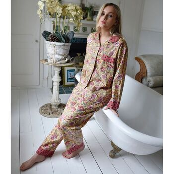 Yellow And Pink Carnation Cotton Pyjamas, 6 of 7