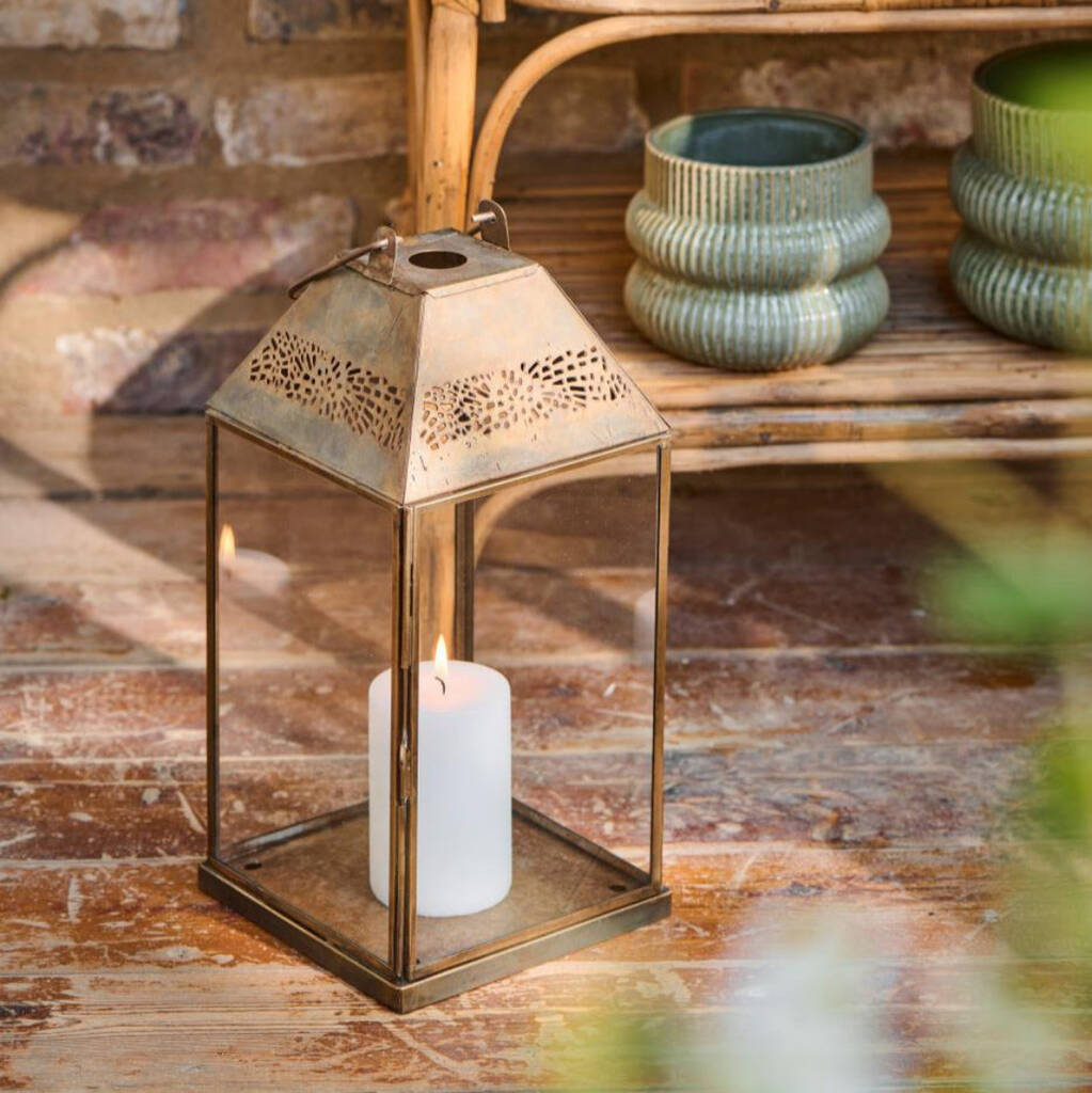 Brass Glass Lantern W/ Pattern Roof | Scandi Hygge, 1 of 3