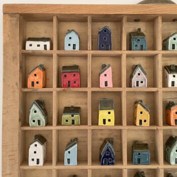56 Handcrafted Ceramic Houses In Printer's Tray Display, 3 of 12