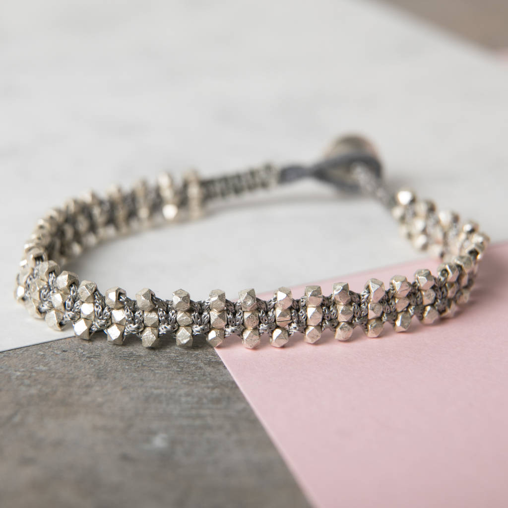 silver grey silk friendship bracelet by rochelle shepherd jewels. gold