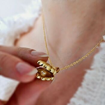Pearl Shell Locket Pendant Necklace In14k Gold Plated In Adjustable Link Chain, 2 of 6