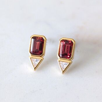 Garnet Geometric Stud Earrings, Gold Plated, 3 of 6