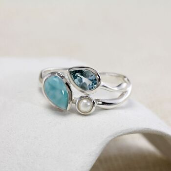 Larimar, Blue Topaz And Freshwater Pearl Trio Ring, 3 of 8