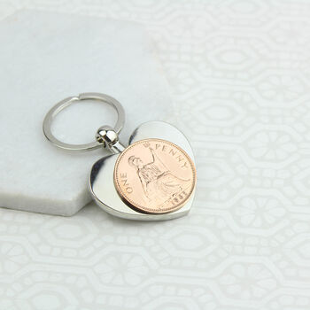 60th Birthday 1963 Penny Coin Heart Keyring, 4 of 6