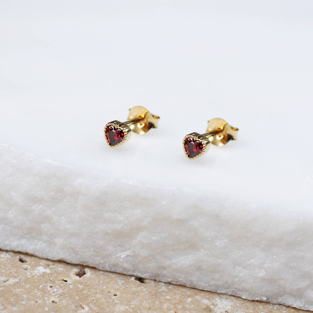 Silver Or Gold Plated Mini Red Cz Heart Stud Earrings, 1 of 4